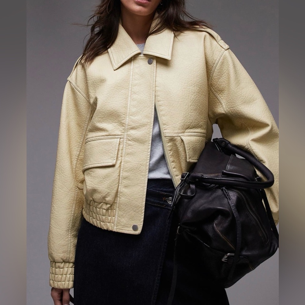 Topshop Textured Faux Leather Crop Bomber Jacket
